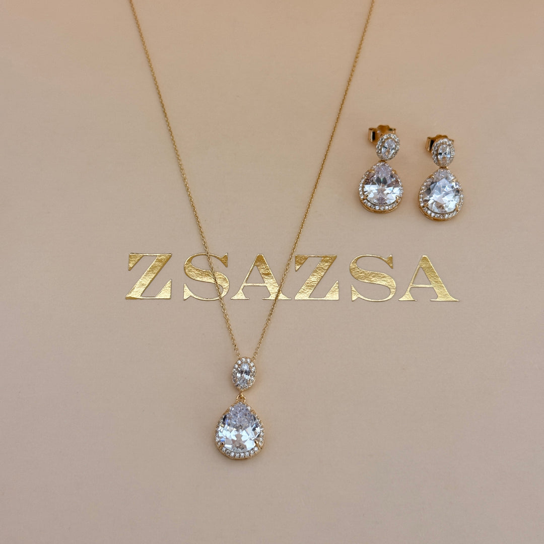 Teardrop zircone sterling silver gold plated set
