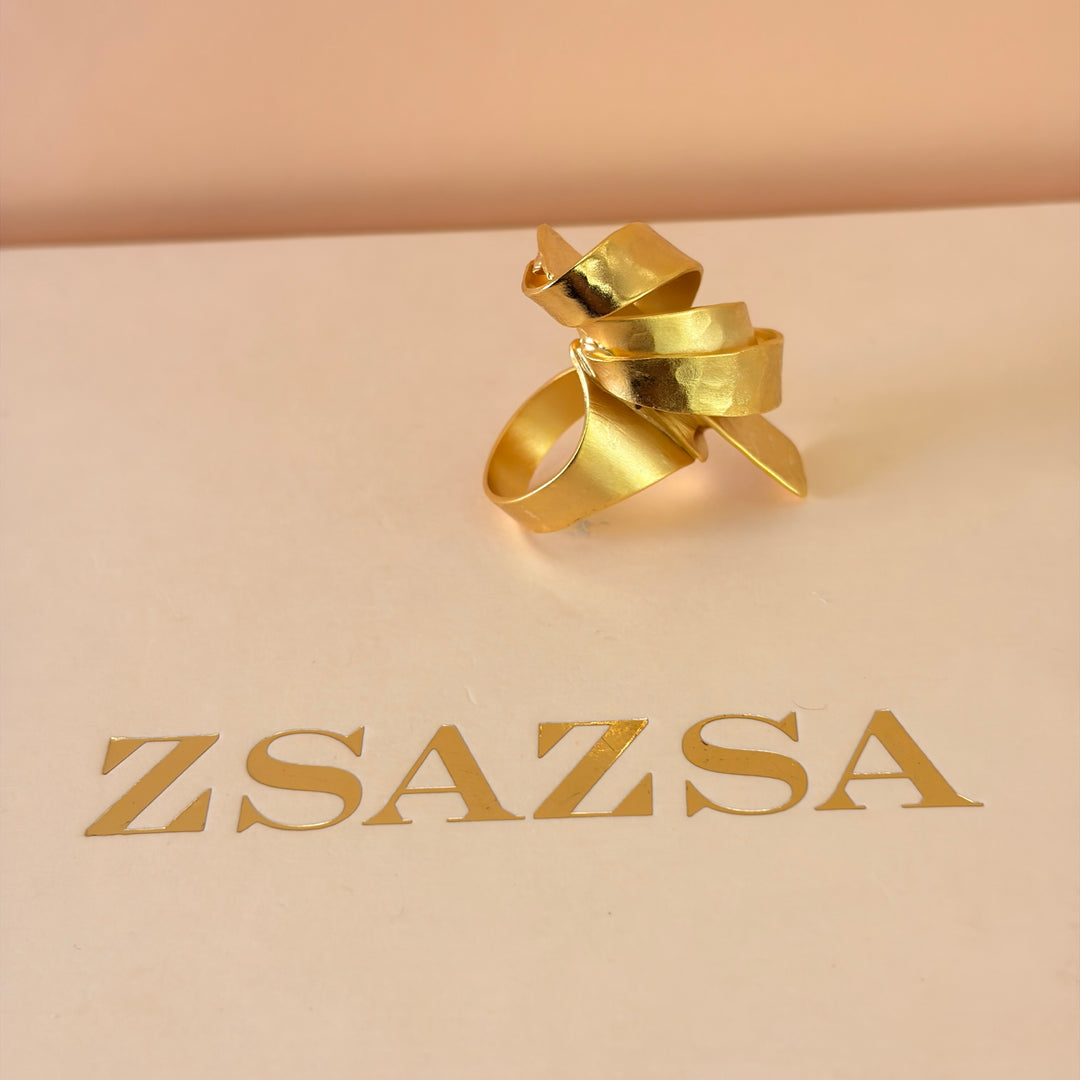 Handmade Rectangle Ribbon Gold Ring | Gold Plated | ZsaZsa