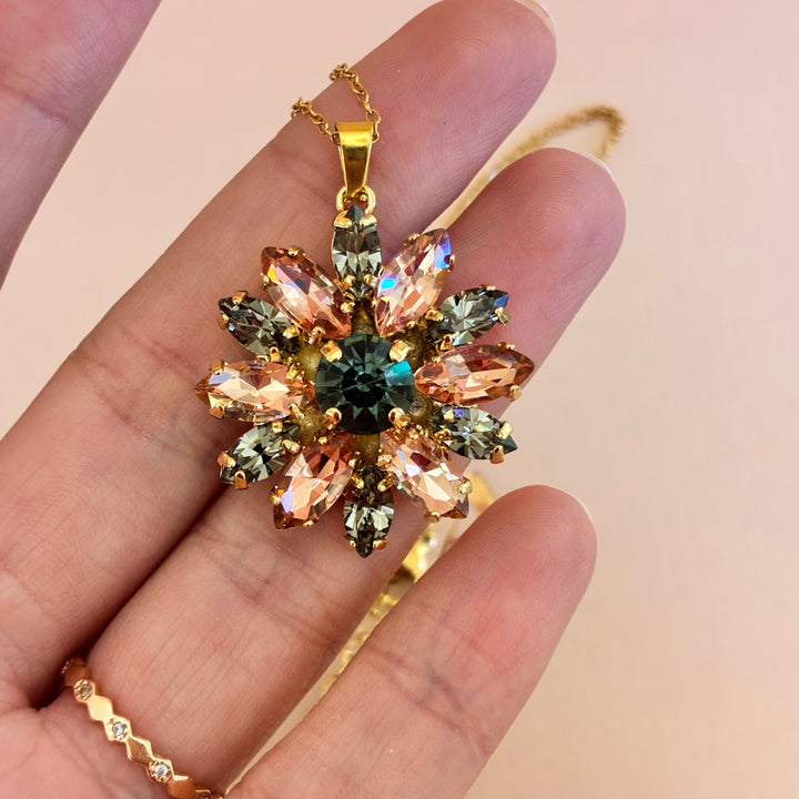 Flowers peach and grey Swarovski crystals set