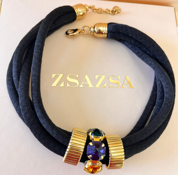 Black silk cord necklace with multicolour Swarovski crystals