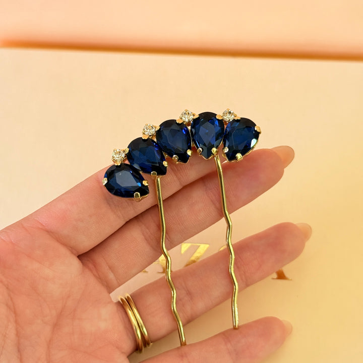 Preciosa crystals teardrop navy blue gold hair pin