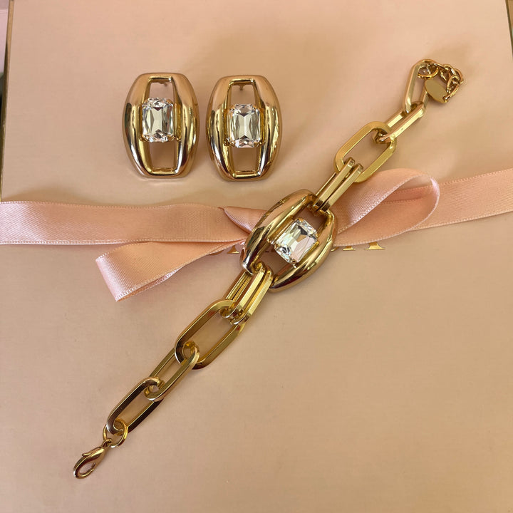 Preciosa crystals rectangular gold plated studs and bracelet