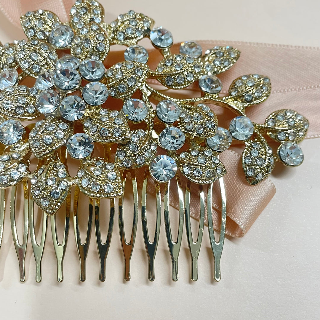 Bubble Stone Embellished Leaf Cluster Hair Comb in gold or silver