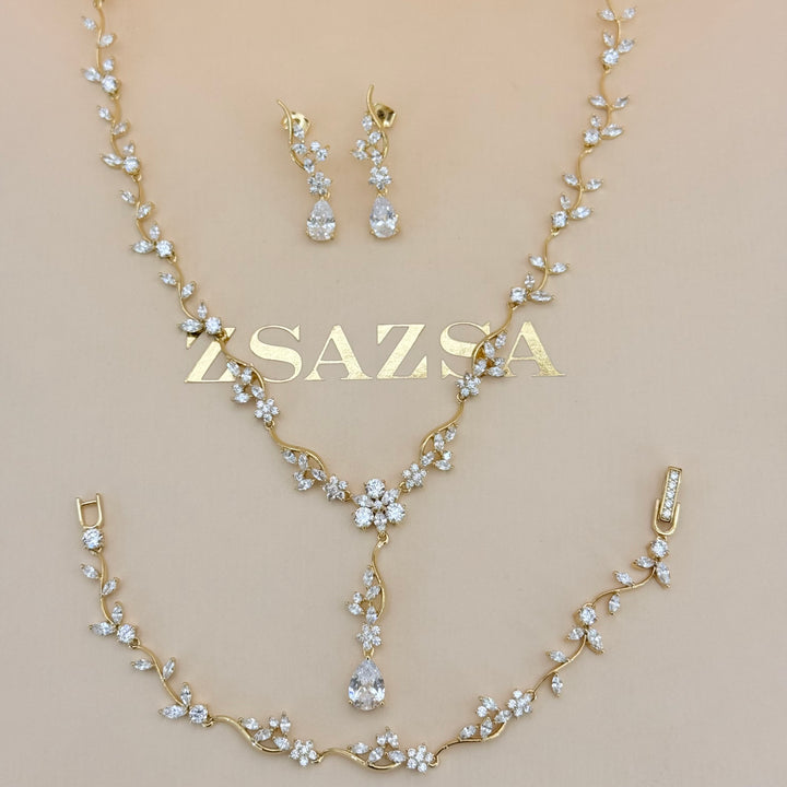Teardrop and flower zircone gold plated set