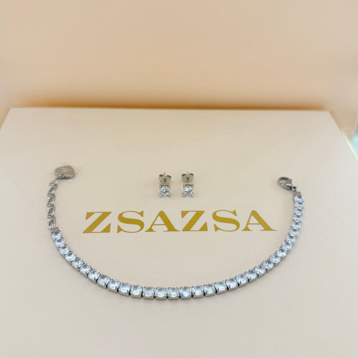 Tennis zircone silver earrings and bracelet