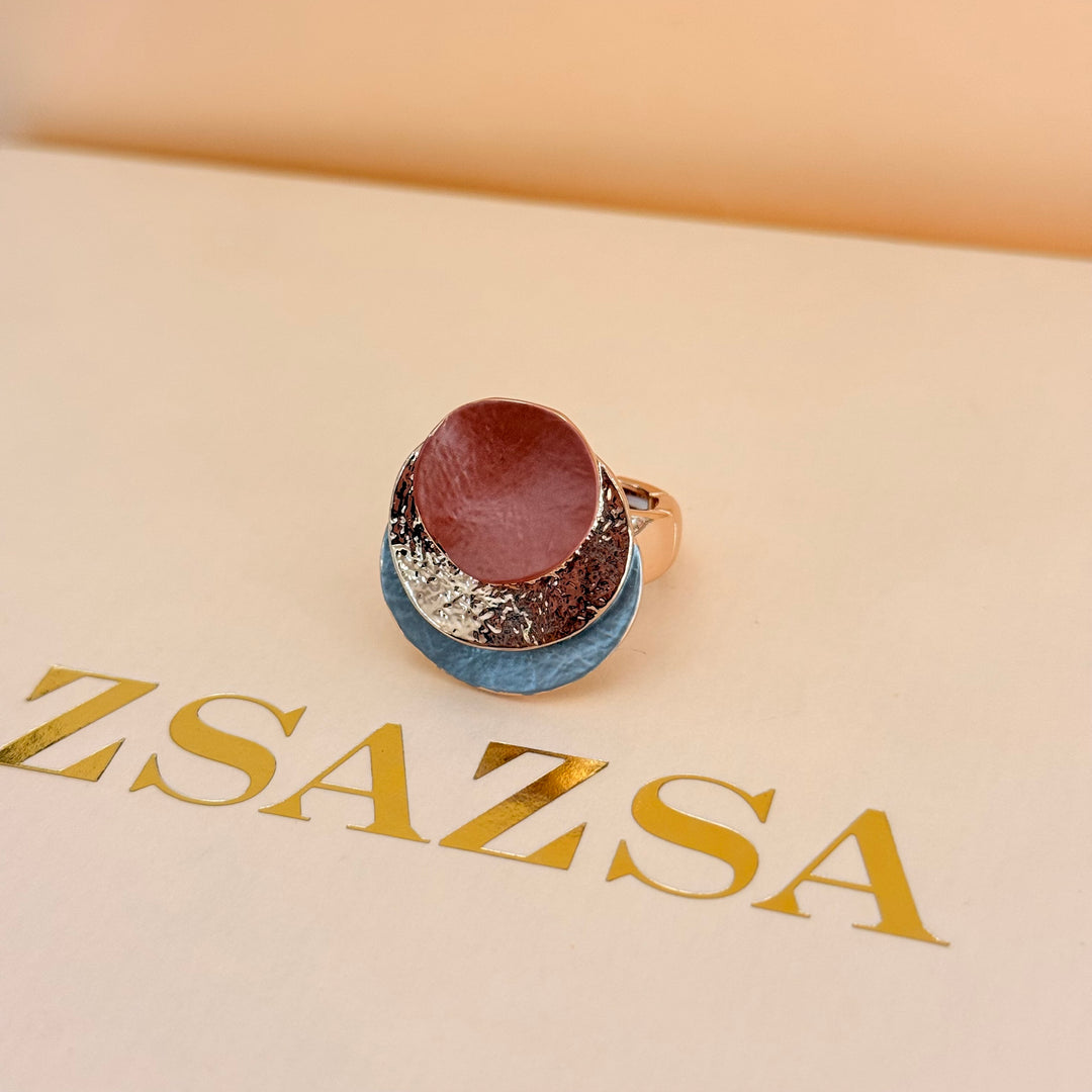 Round brown and grey enamel earrings and ring rose gold plated