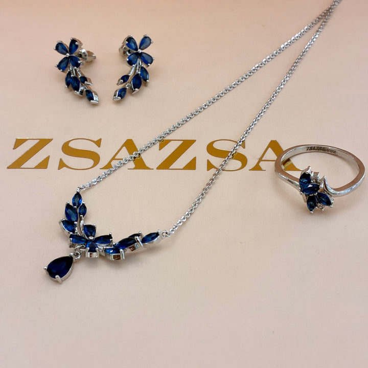 Navy blue flower silver set