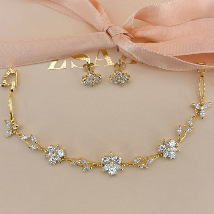 Flower zircone gold plated earrings and bracelet