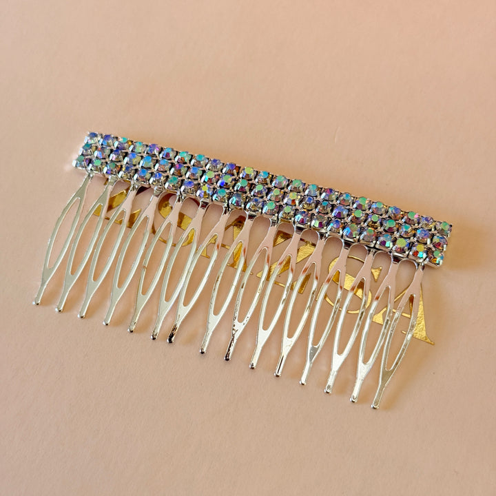 Rhinestone 3 rows aurora borealis silver comb