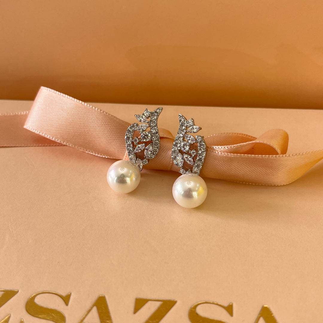 Marquise zircone and white pearls white gold plated set