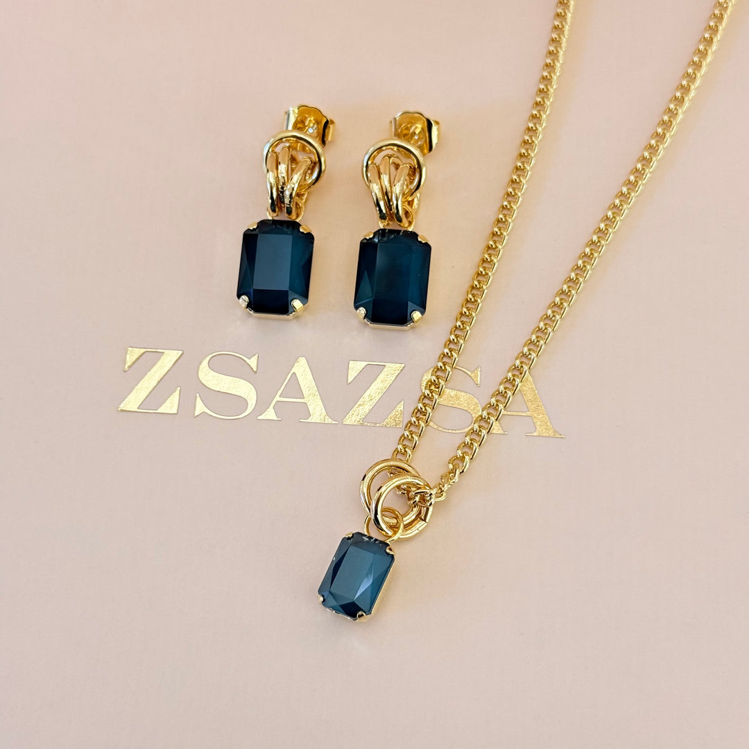 Rectangular dark green Swarovski crystals gold plated set