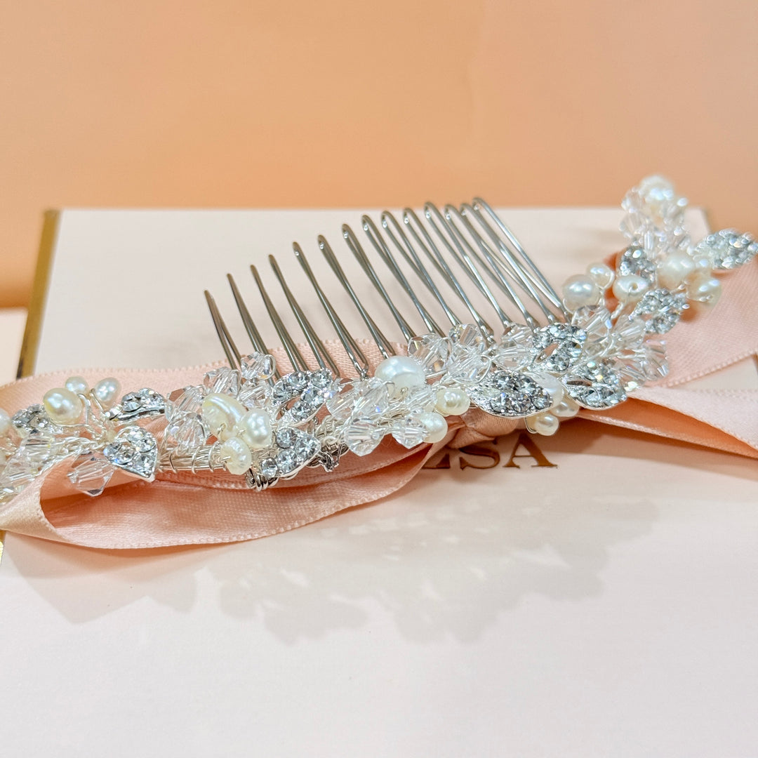 Rhinestone & pearl handmade silver comb
