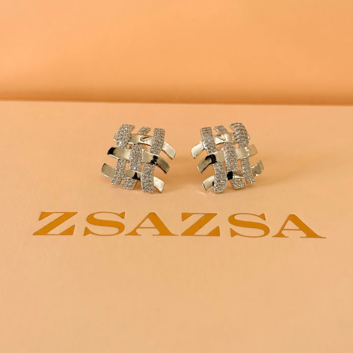 Square grid zircone silver earrings
