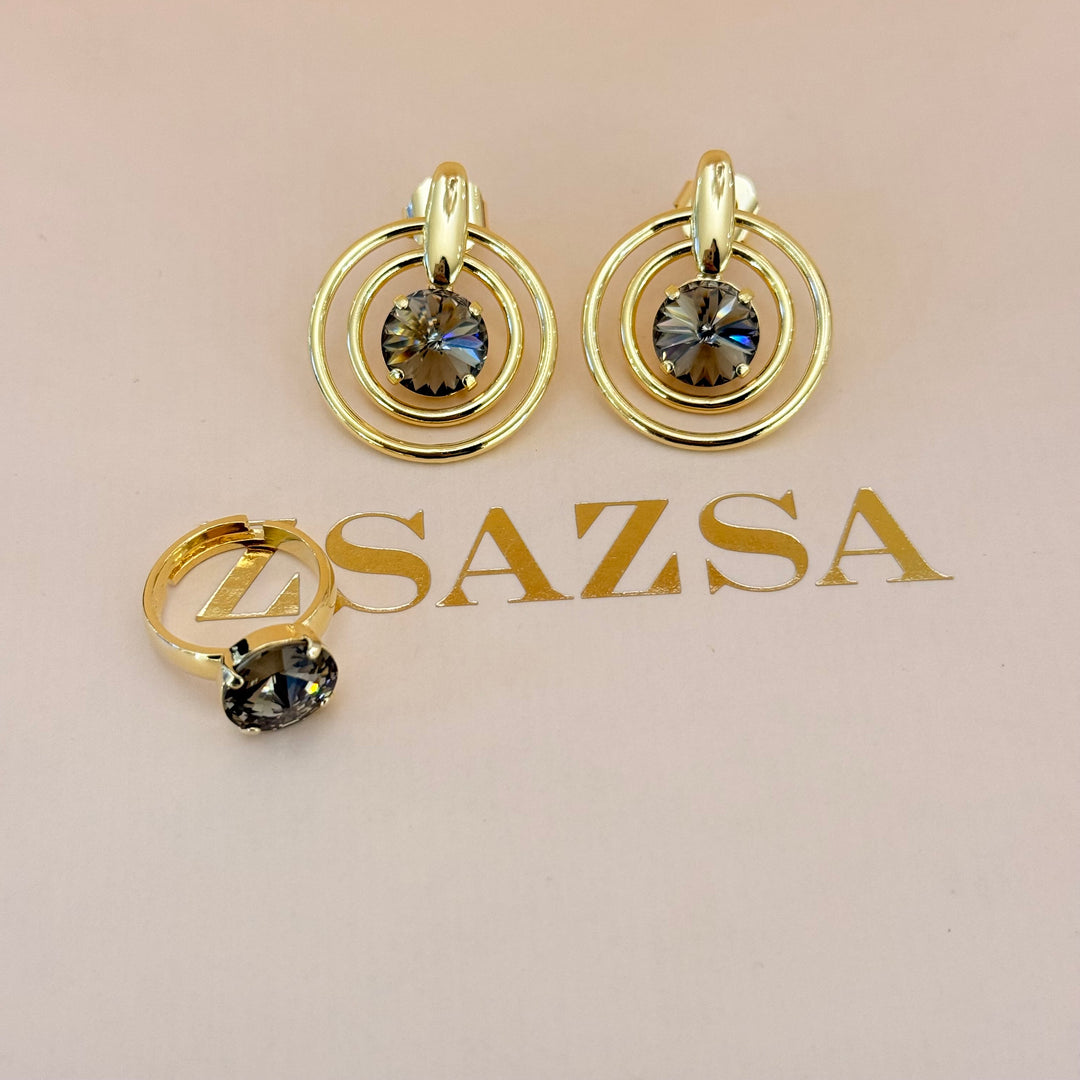 Statement bronze Swarovski crystals earrings and ring