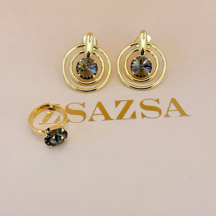 Statement bronze Swarovski crystals earrings and ring