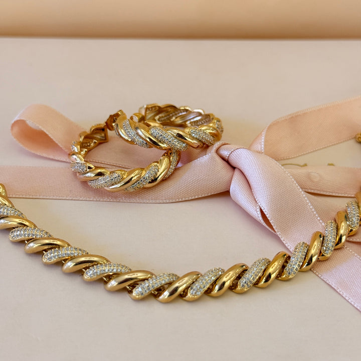 Twisted zircone gold plated hoops and bracelet set
