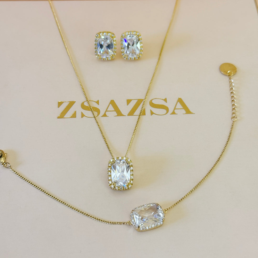 Rectangular zircone gold plated pendant set