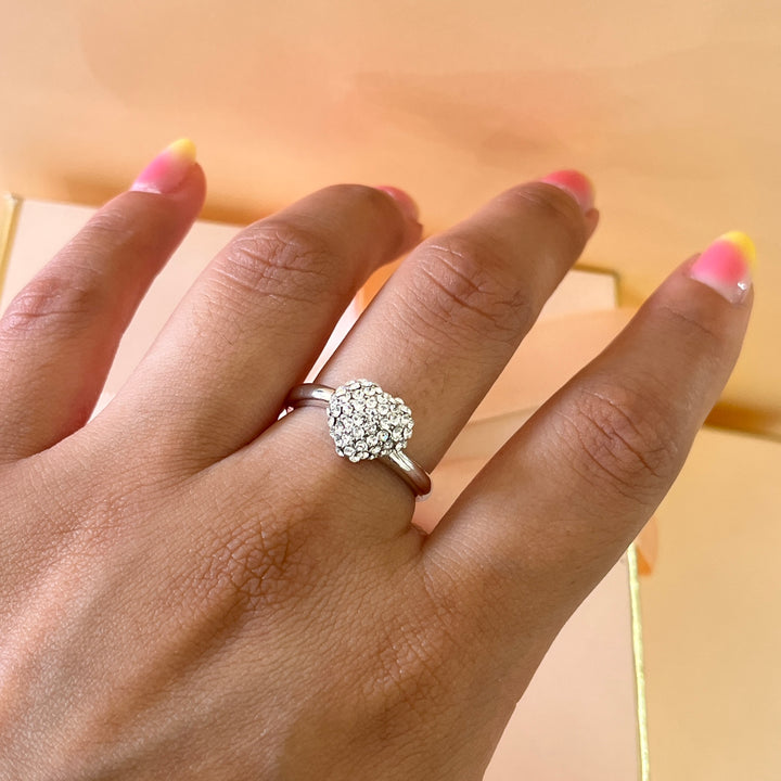 Rhinestone white gold plated heart ring