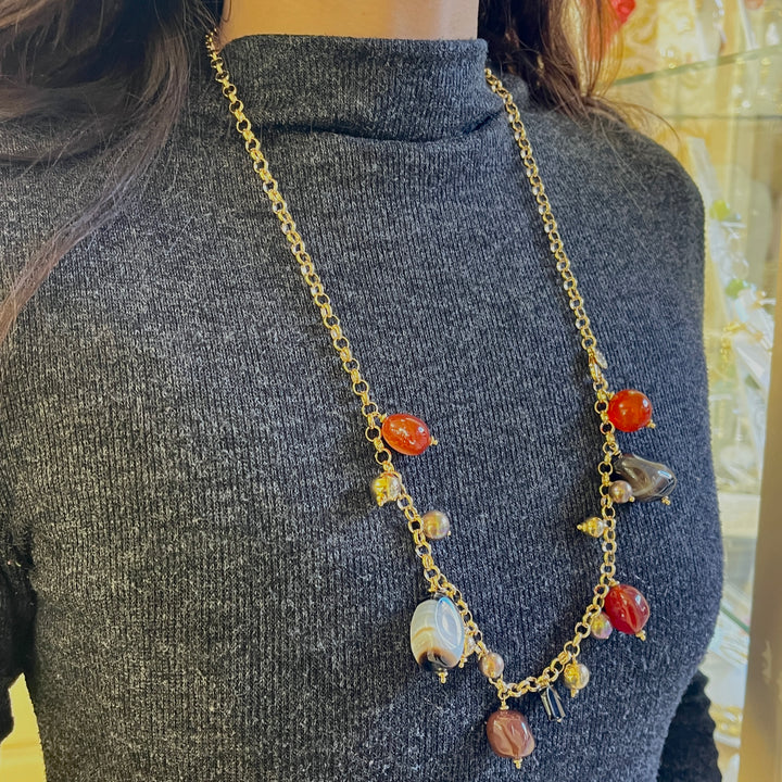 Grey Mallorca pearls and semiprecious stones gold plated necklace