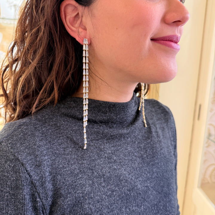 Baguette long zircone gold plated earrings