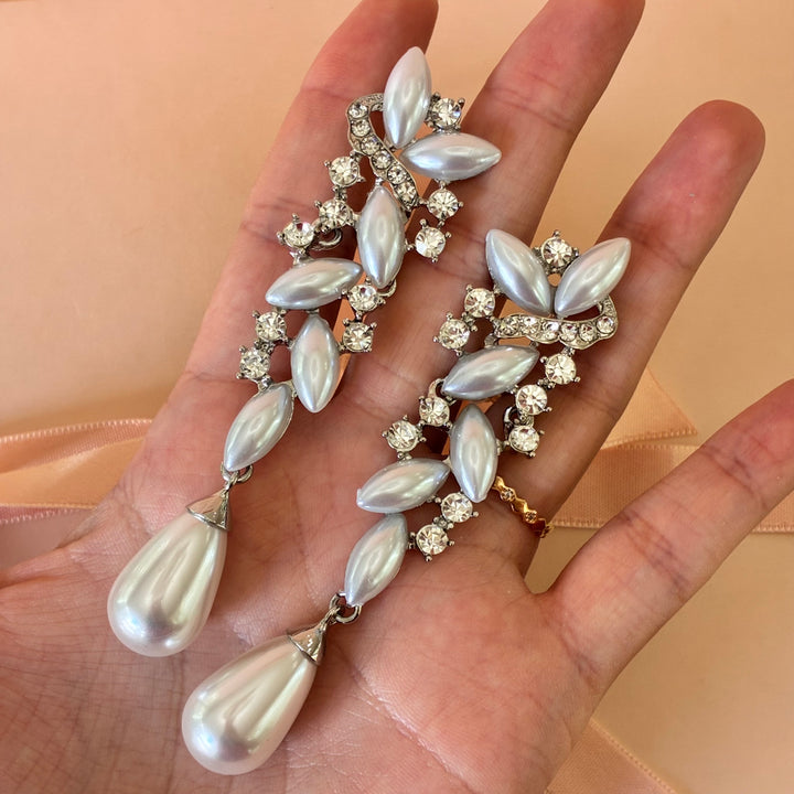 Marquise pearl long clip on earrings