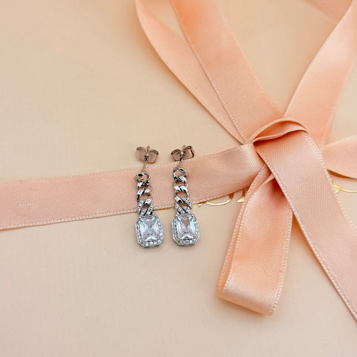 Chain rectangular zircone silver earrings