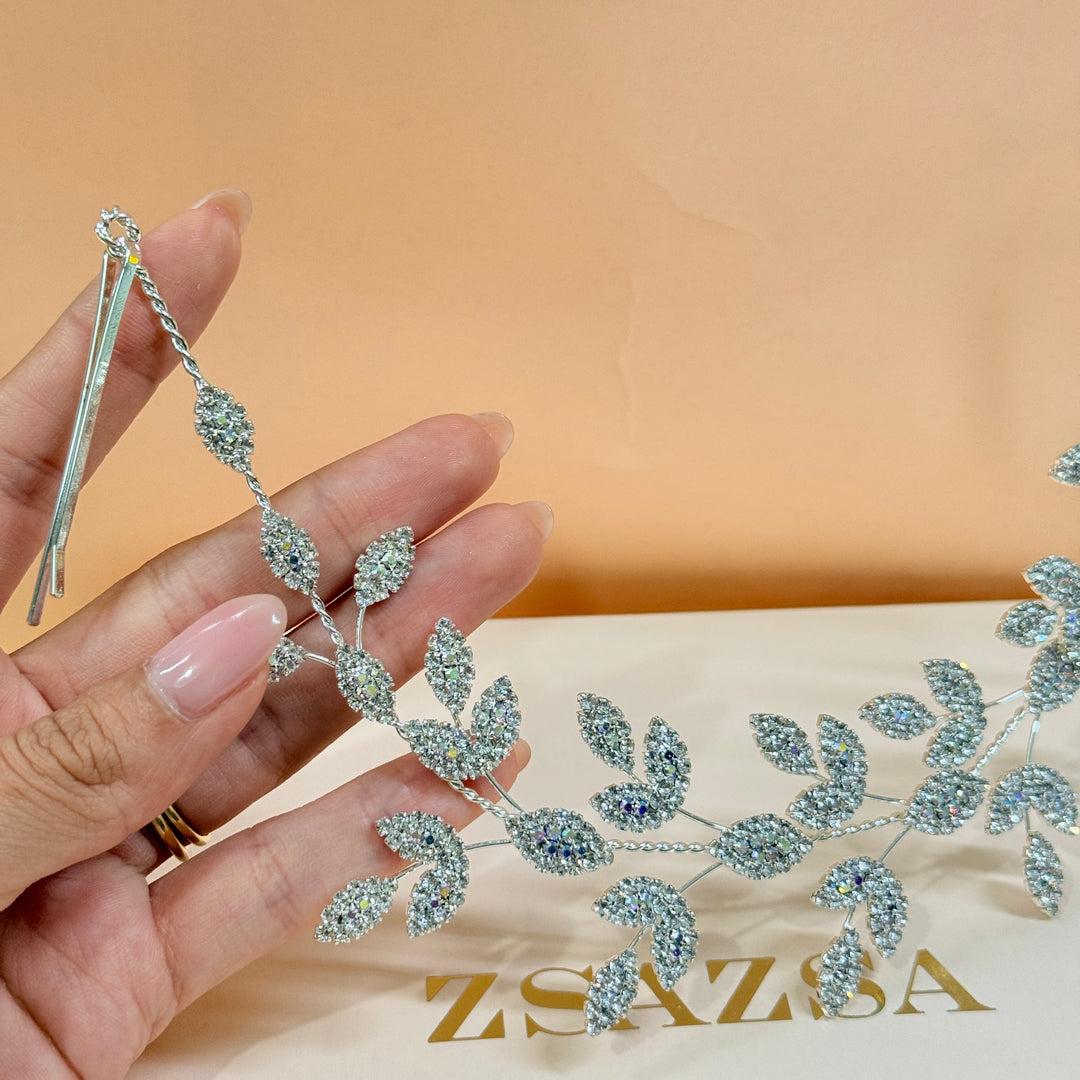 Rhinestone leaves aurora borealis silver flexible headband