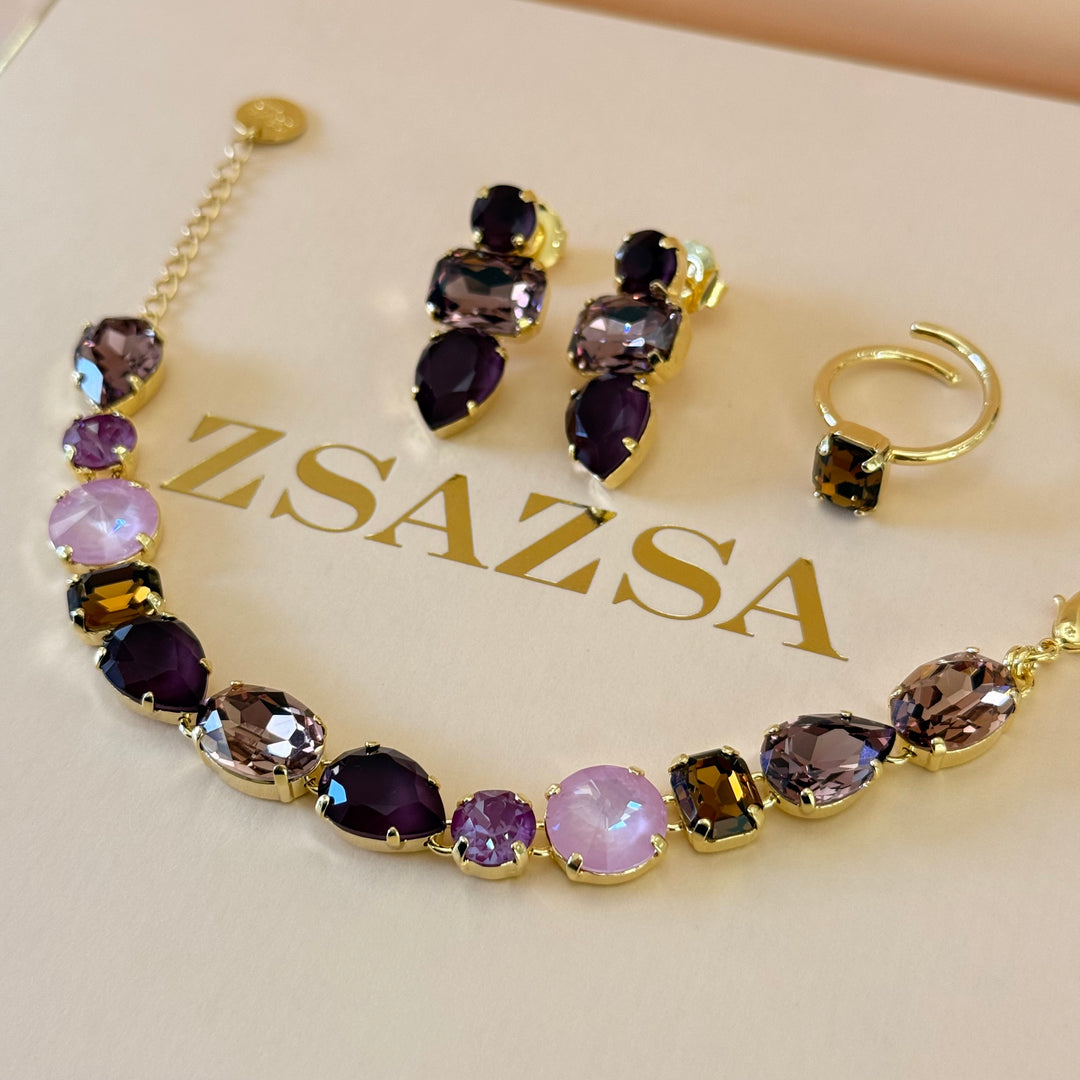 Mixed shades of purple Swarovski crystals gold plated set