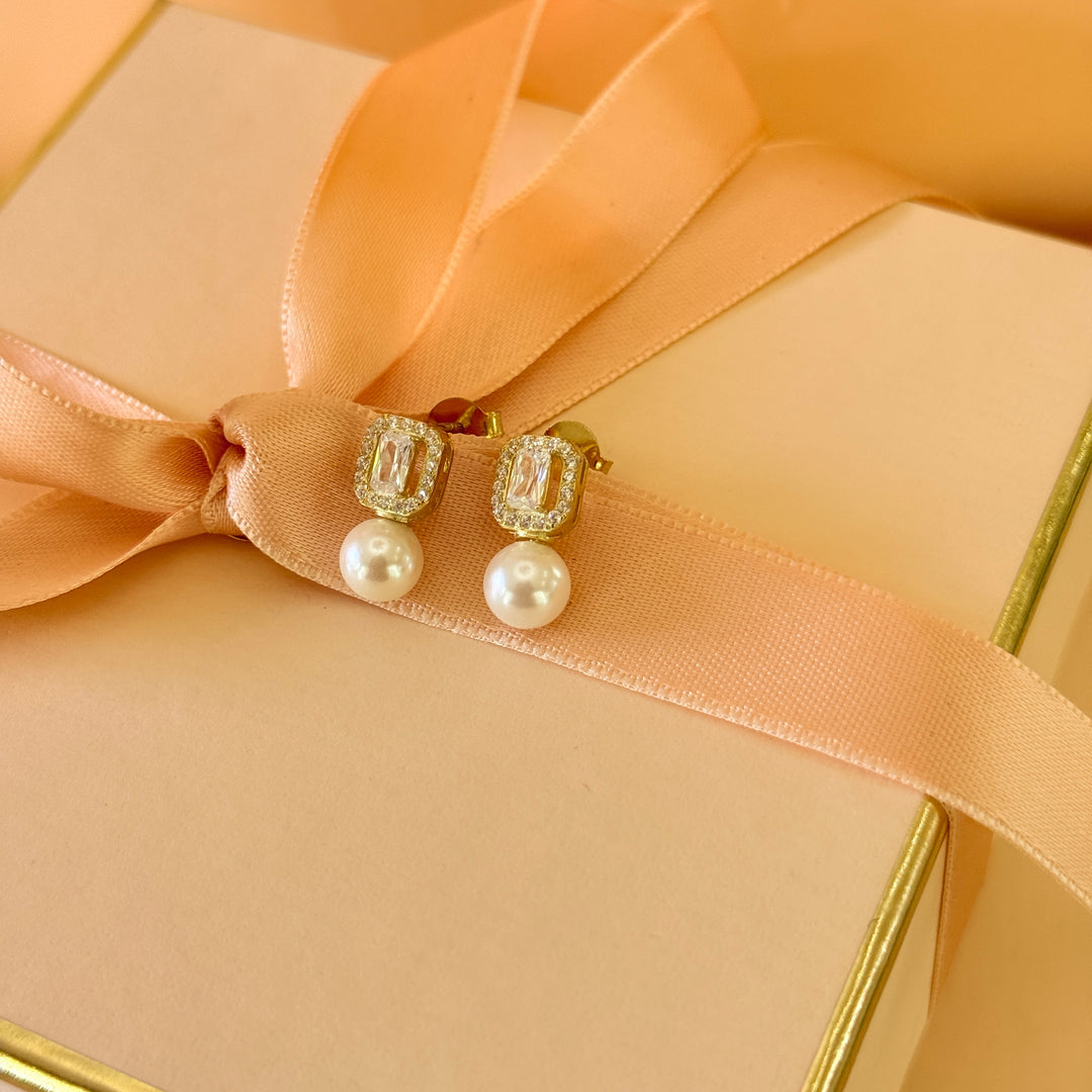 Baguette zircone pearl sterling silver earrings