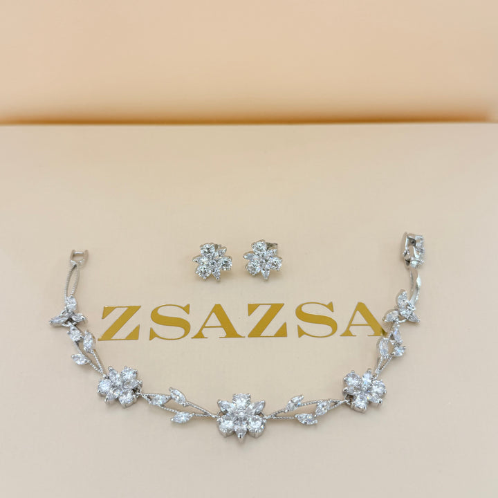 Flower zircone silver earrings and bracelet