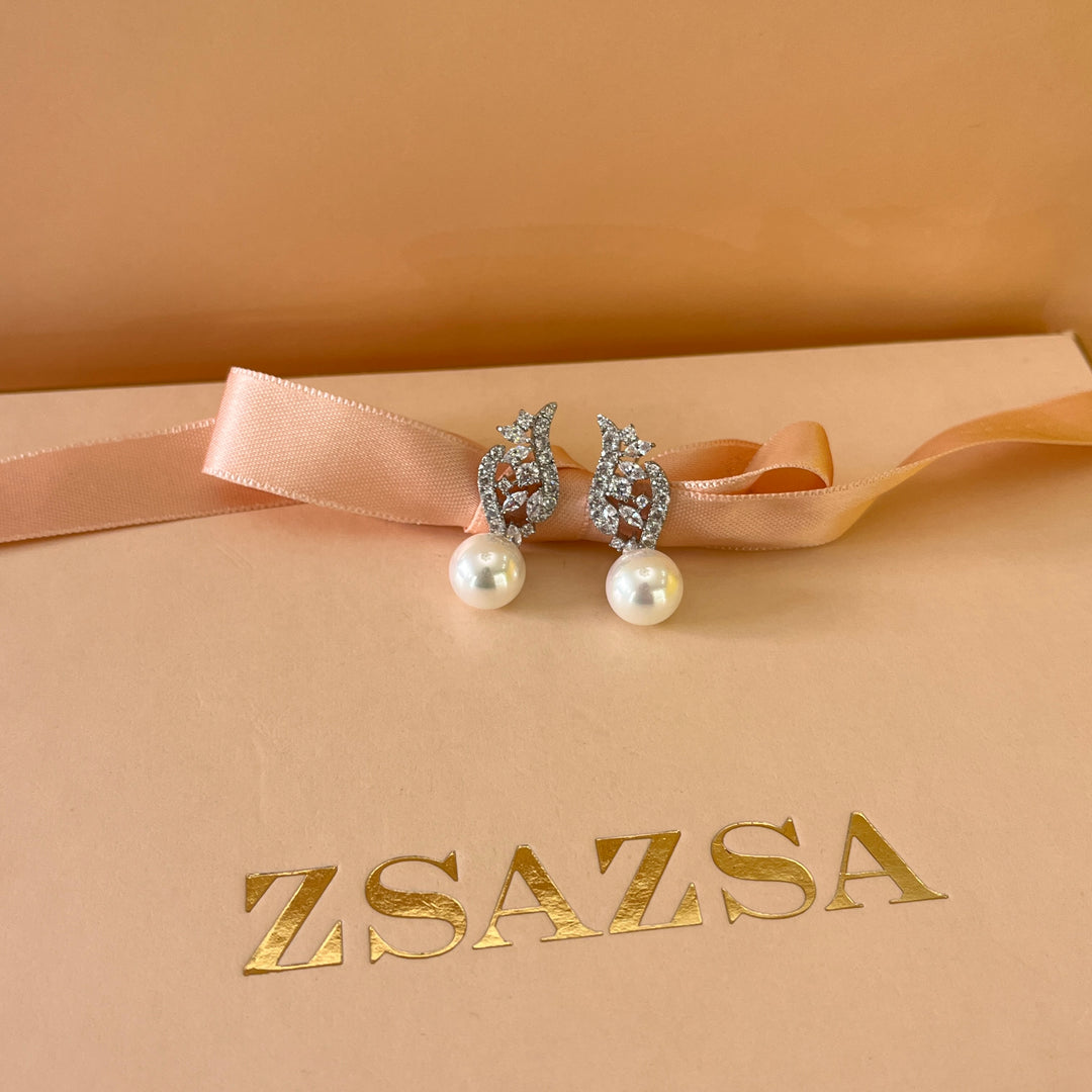 Marquise zircone and white pearls white gold plated set