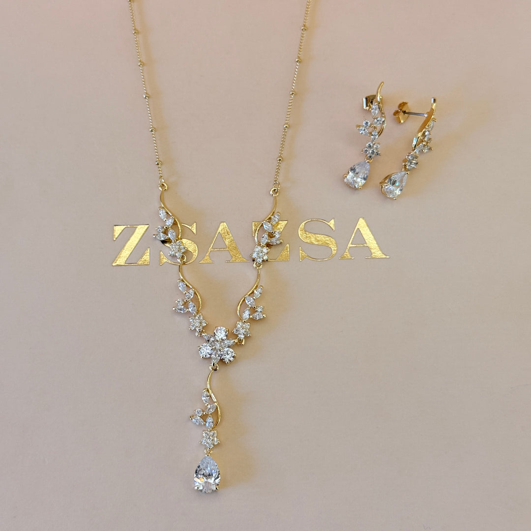 Teardrop and flower zircone gold plated set