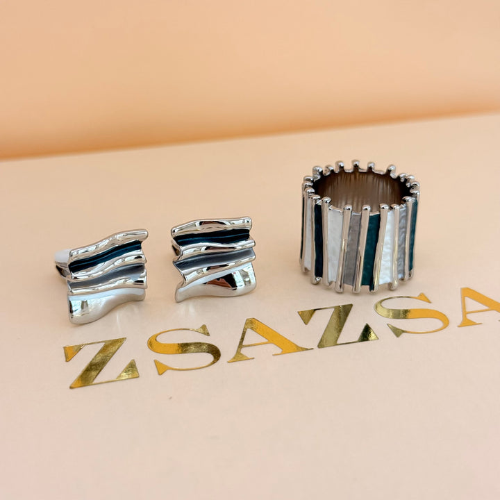 Blue, grey and white silver enamel earrings and ring