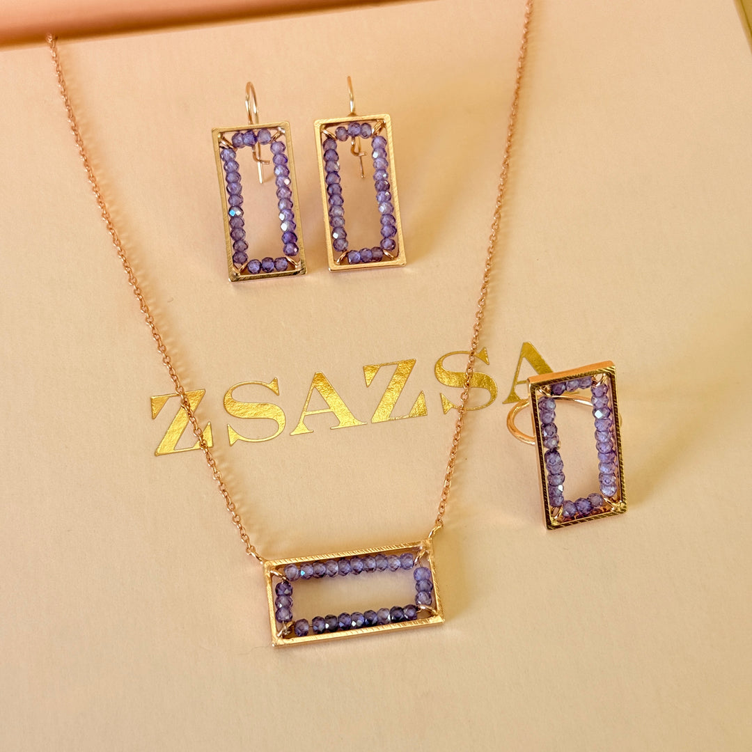 Beads purple handmade rectangular rose gold plated set