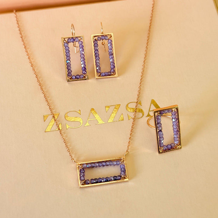 Beads purple handmade rectangular rose gold plated set