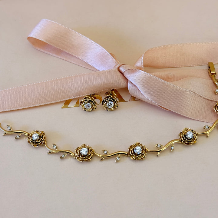 Rosette zircone gold plated earrings and bracelet set