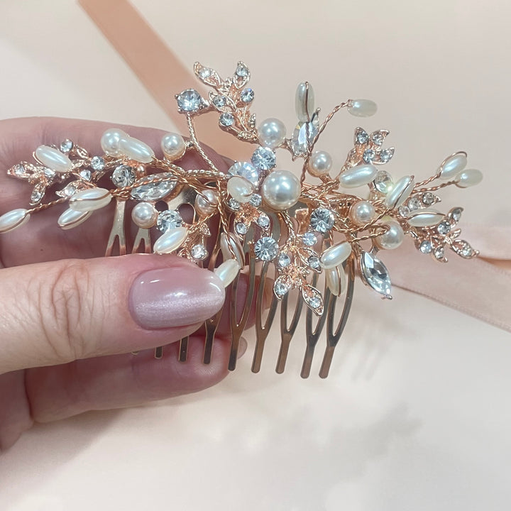 Rose gold Pearl Rhinestone Pave Vine Hair Comb