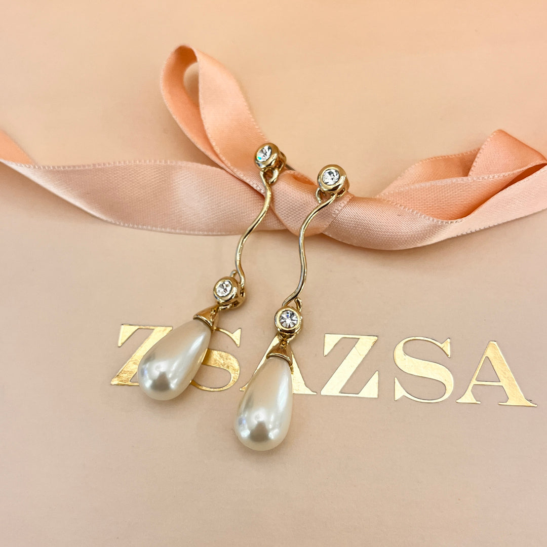 Rhinestone and ivory pearls gold plated earrings
