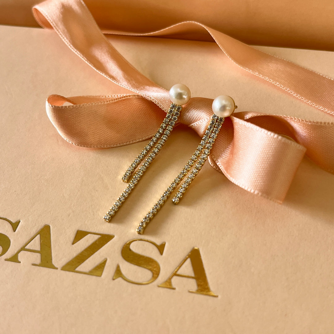 Zircone and fresh water pearls gold plated sterling silver earrings