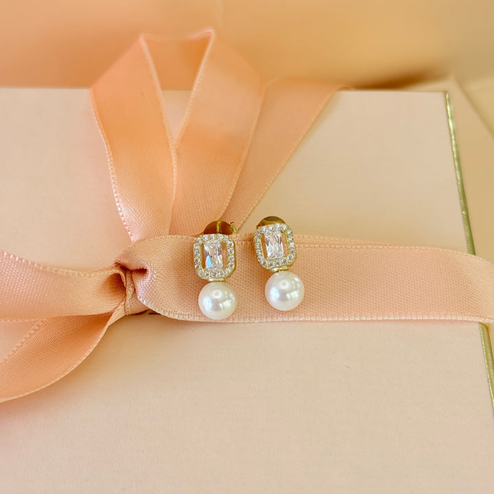Baguette zircone pearl sterling silver earrings
