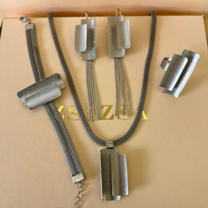 Rectangular handmade white gold plated set