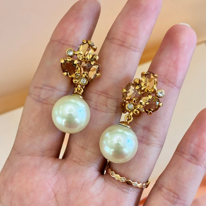 Mallorca pearl and bronze Swarovski crystals earrings