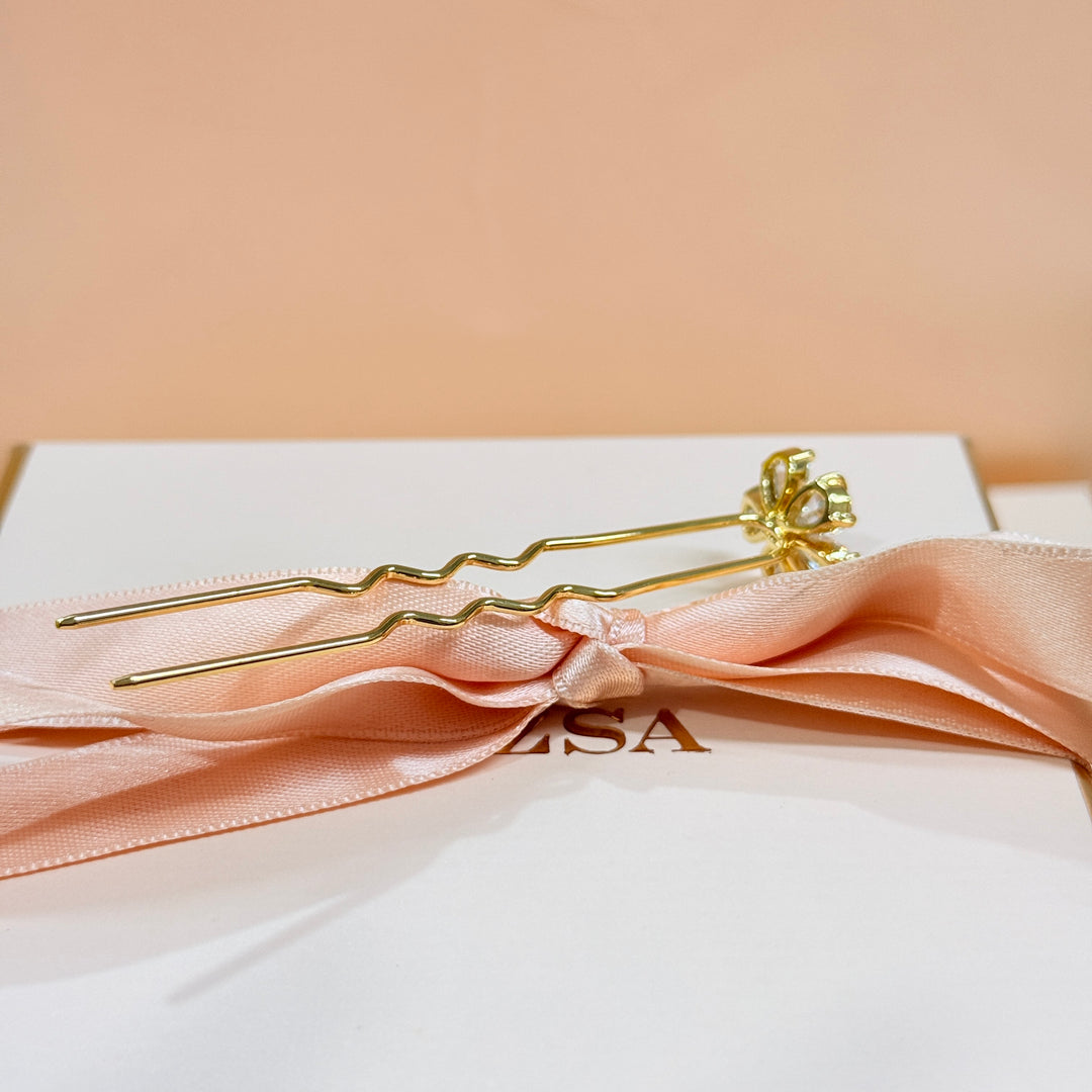 Zircone flower gold hair pin