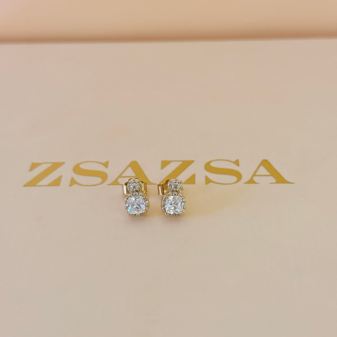 Square and round zircone sterling silver gold plated studs
