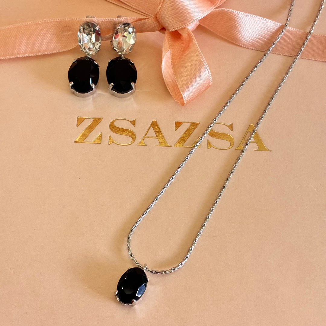 Black Swarovski crystals silver pendant set