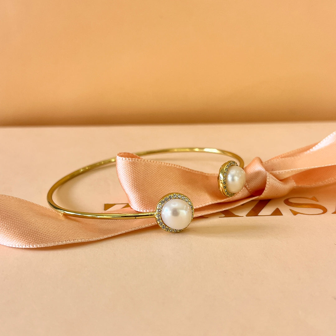 Zircone and fresh water pearls gold plated sterling silver bangle