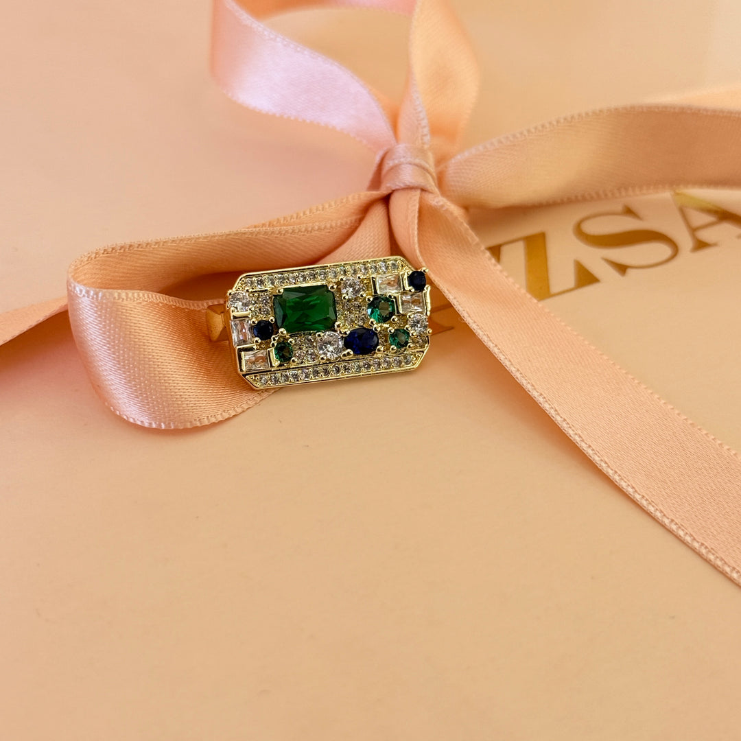 Dainty green and blue zircone gold plated brooch