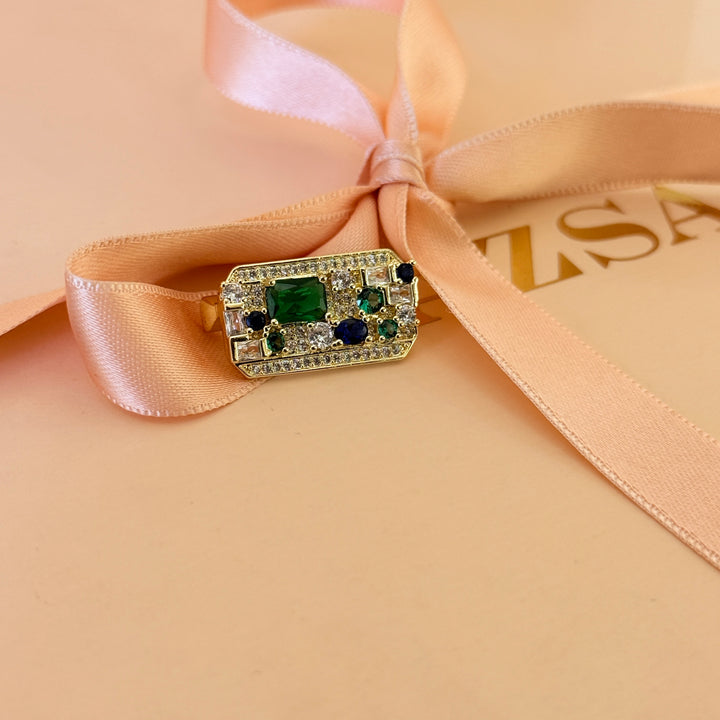 Dainty green and blue zircone gold plated brooch