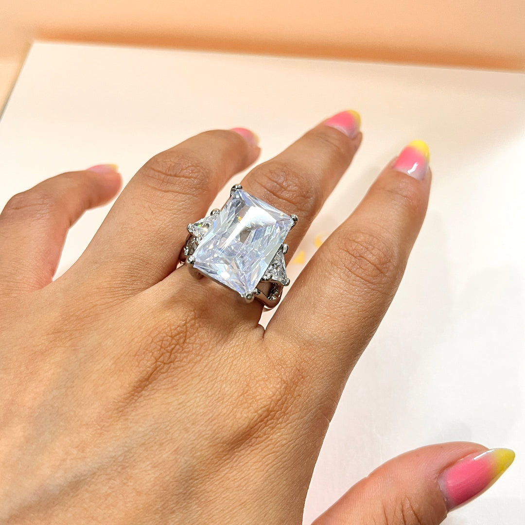 Rhinestone rectangular white gold plated ring