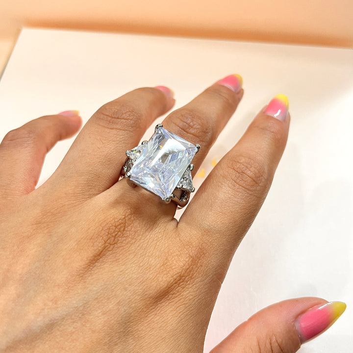 Rhinestone rectangular white gold plated ring